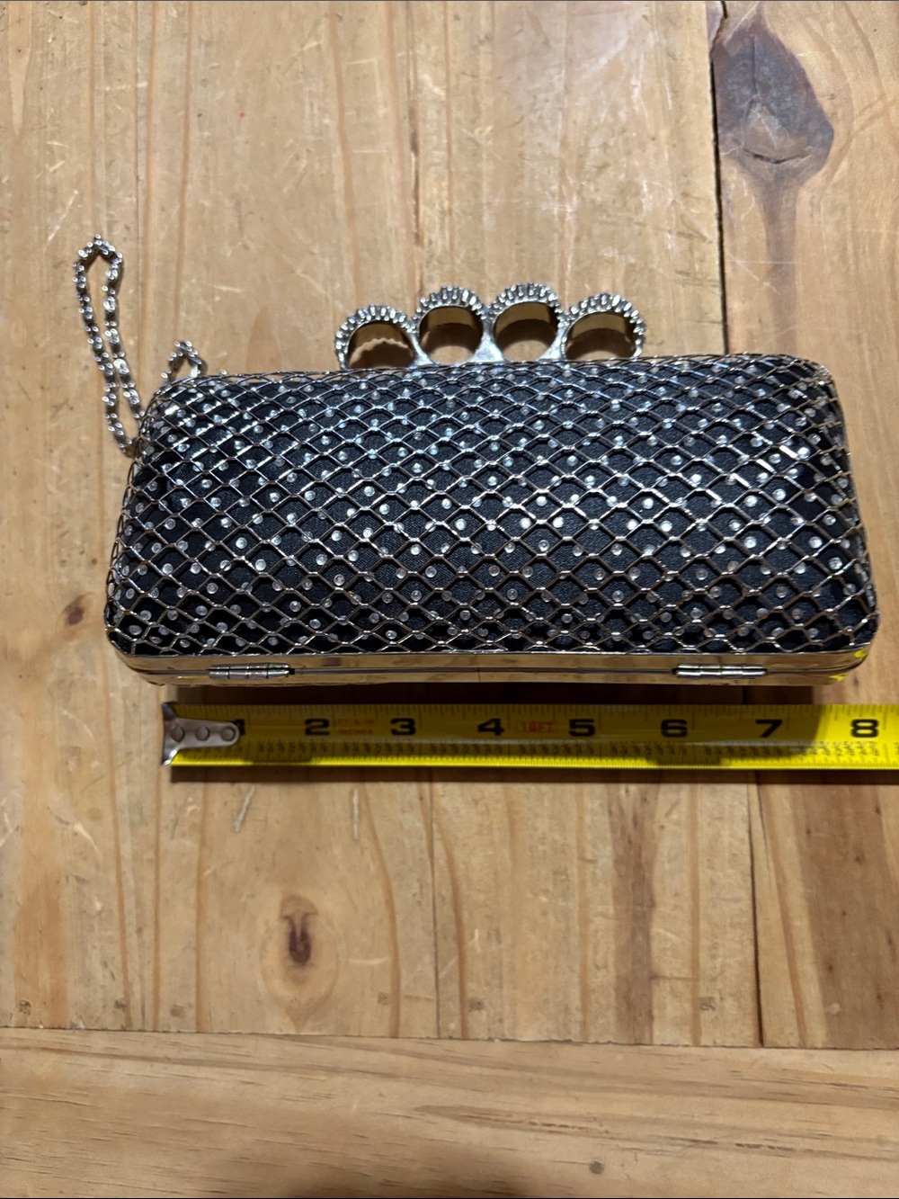 Black “Rachel” Rhinestone Knuckle-Handle Evening Clutch with Chain - Picture 4 of 6